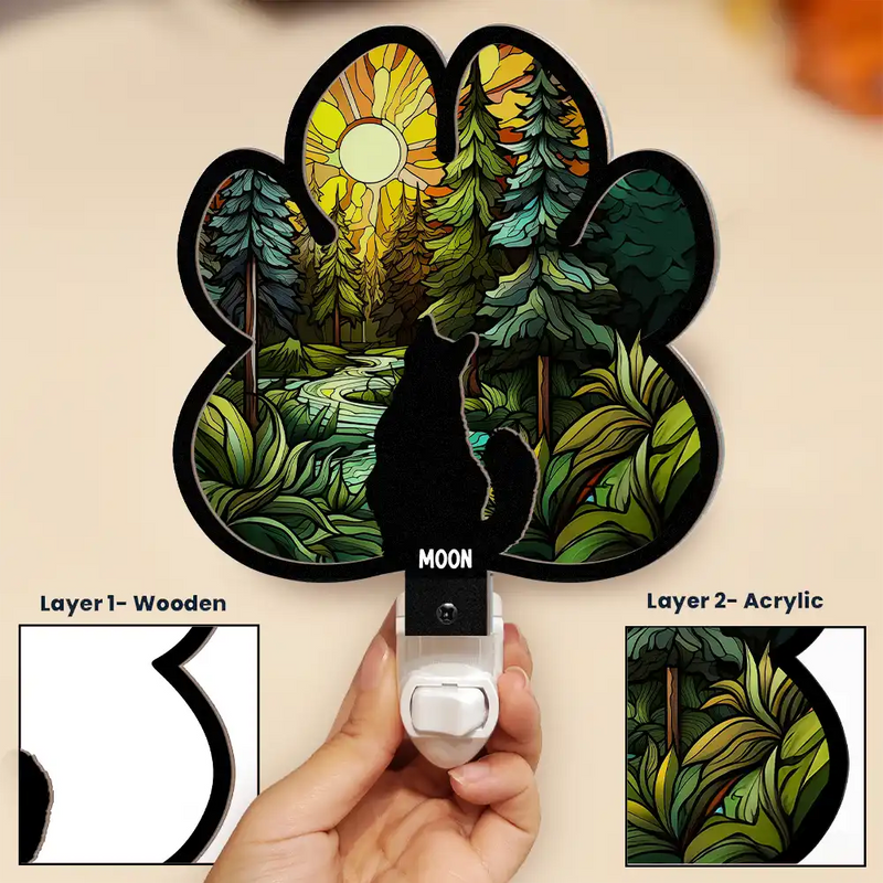 Memorial, Pet Lovers, Pet Mom, Pet Dad, Dog Lovers, Dog Mom, Dog Dad, Cat Lovers, Cat Mom, Cat Dad, Love - Paw Shaped Light With Dog Cat - Personalized Plug-in Night Light
