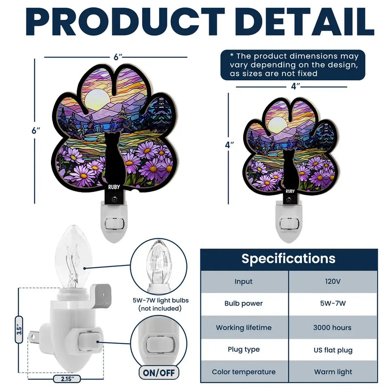 Memorial, Pet Lovers, Pet Mom, Pet Dad, Dog Lovers, Dog Mom, Dog Dad, Cat Lovers, Cat Mom, Cat Dad, Love - Paw Shaped Light With Dog Cat - Personalized Plug-in Night Light