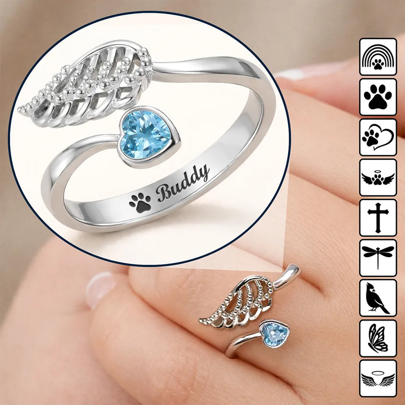 Memorial, Family, Pet Lovers, Sad - Memorial Your Loved One Family Loss Pet Loss - Personalized Wing And Heart Birthstone Ring