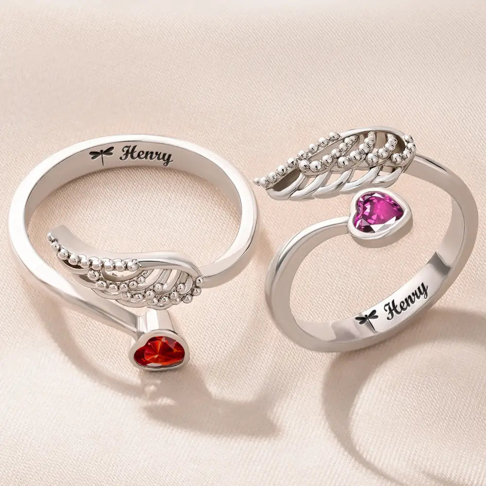 Memorial, Family, Pet Lovers, Sad - Memorial Your Loved One Family Loss Pet Loss - Personalized Wing And Heart Birthstone Ring
