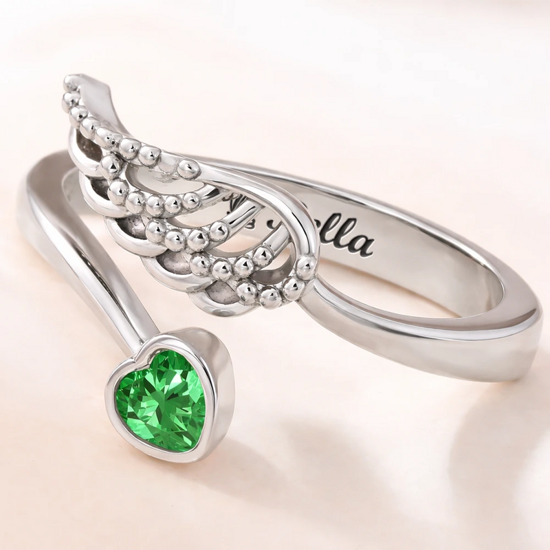 Memorial, Family, Pet Lovers, Sad - Memorial Your Loved One Family Loss Pet Loss - Personalized Wing And Heart Birthstone Ring