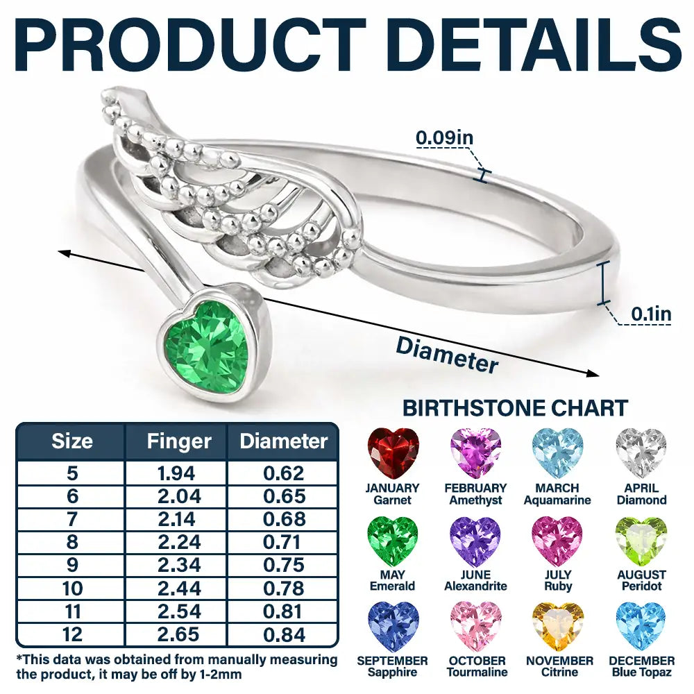 Memorial, Family, Pet Lovers, Sad - Memorial Your Loved One Family Loss Pet Loss - Personalized Wing And Heart Birthstone Ring