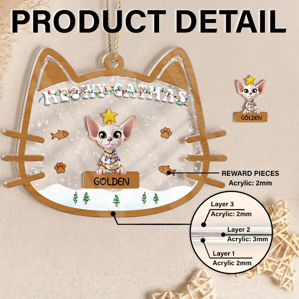 Pet Lovers,Pet Mom,Pet Dad,Cat Lovers,Cat Mom,Cat Dad,Christmas,Happy - Meowy Catmas - Personalized 3-Layered Acrylic Shaker Ornament