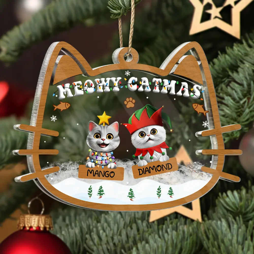 Pet Lovers,Pet Mom,Pet Dad,Cat Lovers,Cat Mom,Cat Dad,Christmas,Happy - Meowy Catmas - Personalized 3-Layered Acrylic Shaker Ornament