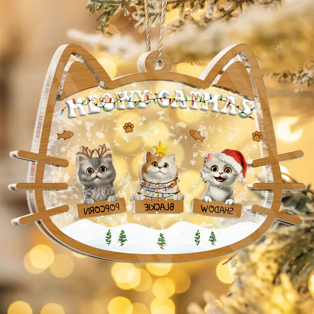 Pet Lovers,Pet Mom,Pet Dad,Cat Lovers,Cat Mom,Cat Dad,Christmas,Happy - Meowy Catmas - Personalized 3-Layered Acrylic Shaker Ornament