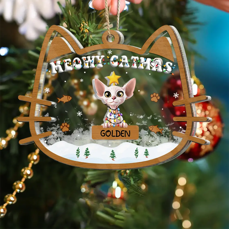 Pet Lovers,Pet Mom,Pet Dad,Cat Lovers,Cat Mom,Cat Dad,Christmas,Happy - Meowy Catmas - Personalized 3-Layered Acrylic Shaker Ornament