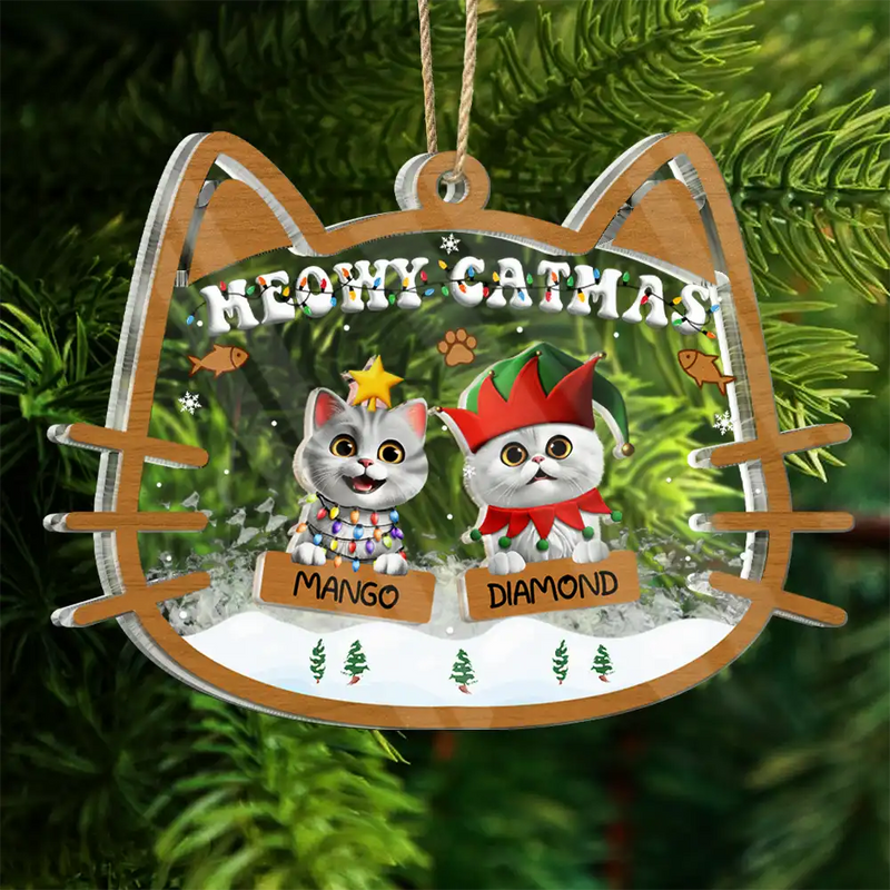 Pet Lovers,Pet Mom,Pet Dad,Cat Lovers,Cat Mom,Cat Dad,Christmas,Happy - Meowy Catmas - Personalized 3-Layered Acrylic Shaker Ornament