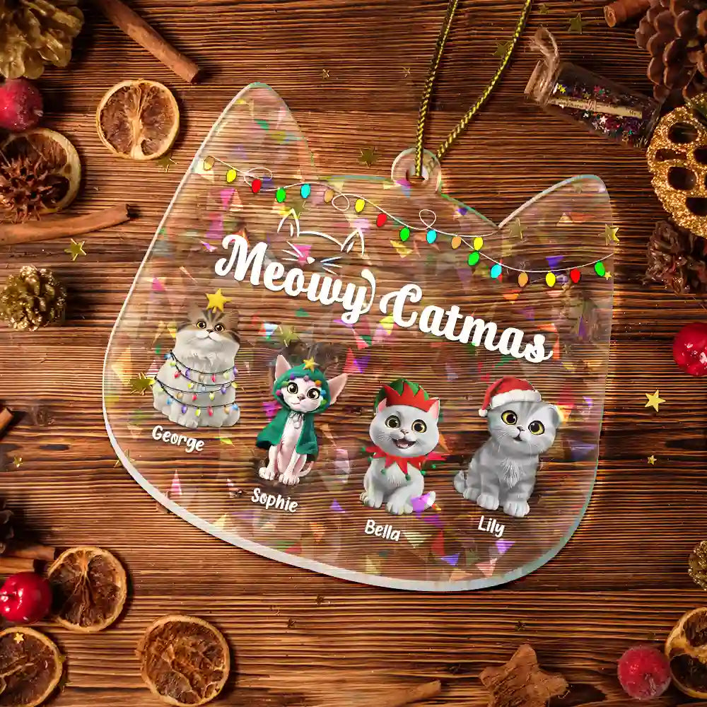 Cat Lovers,Funny,Christmas - Meowy Catmas - Personalized Holographic Acrylic Ornament