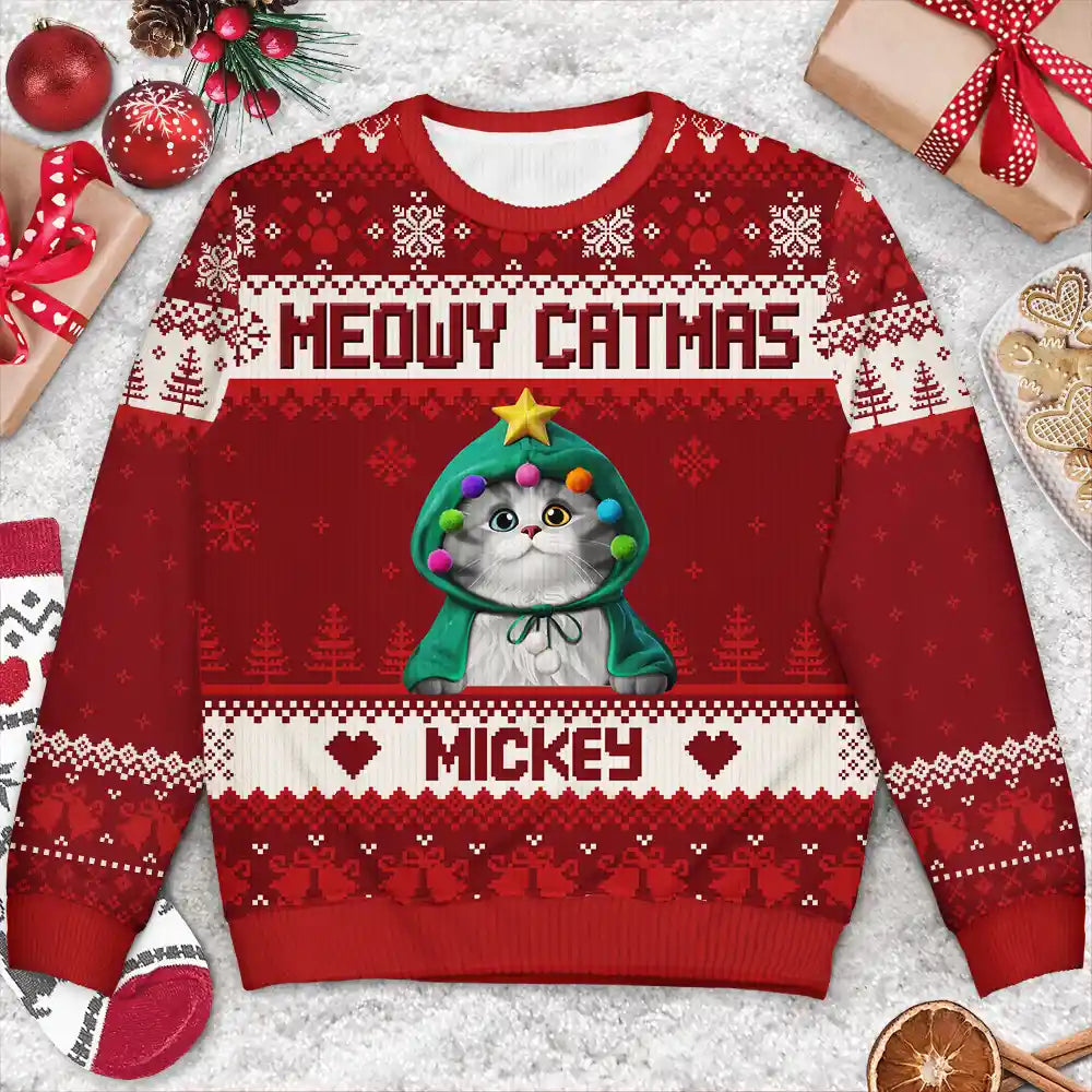 Cat Lovers,Pet Lovers,Christmas,Funny - Meowy Catmas 3D Effect Cat - Personalized Unisex Ugly Sweater