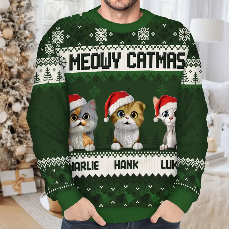 Cat Lovers,Pet Lovers,Christmas,Funny - Meowy Catmas 3D Effect Cat - Personalized Unisex Ugly Sweater