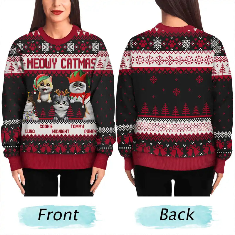 Cat Lovers,Pet Lovers,Christmas,Funny - Meowy Catmas 3D Effect Cat - Personalized Unisex Ugly Sweater