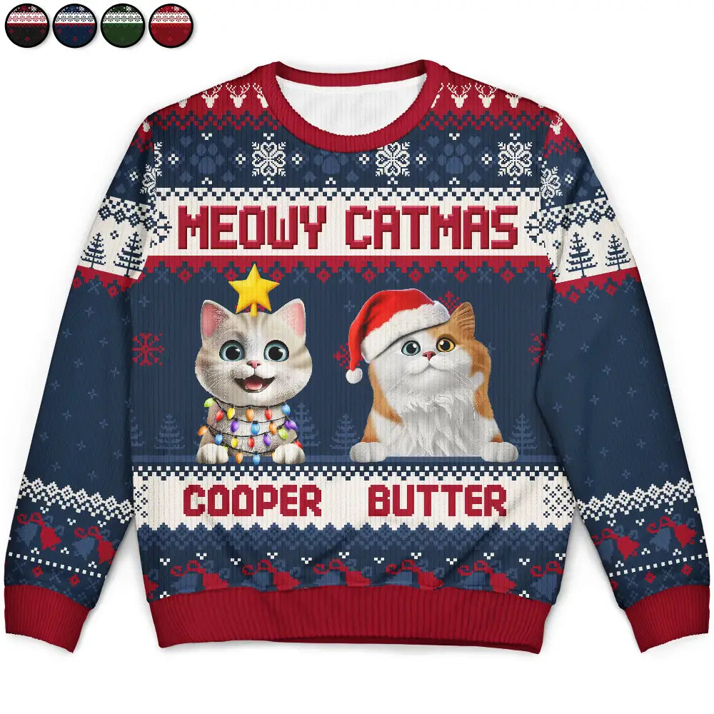Cat Lovers,Pet Lovers,Christmas,Funny - Meowy Catmas 3D Effect Cat - Personalized Unisex Ugly Sweater