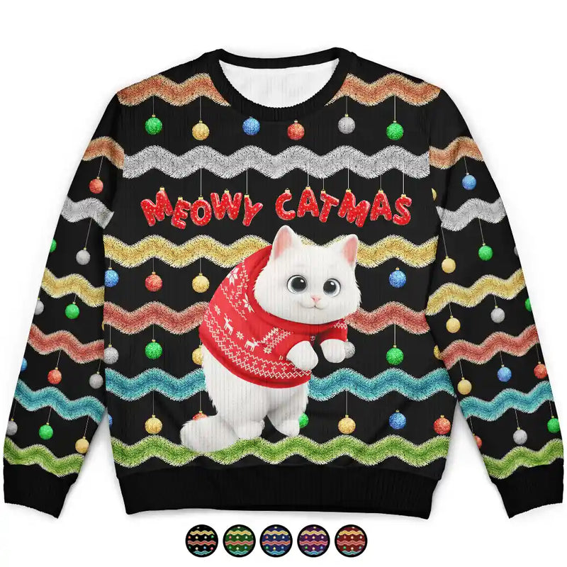 Cat Lovers, Funny - Meowy Catmas 3D Effect Hanging Cat Fun Tinsel - Personalized Unisex Ugly Sweater