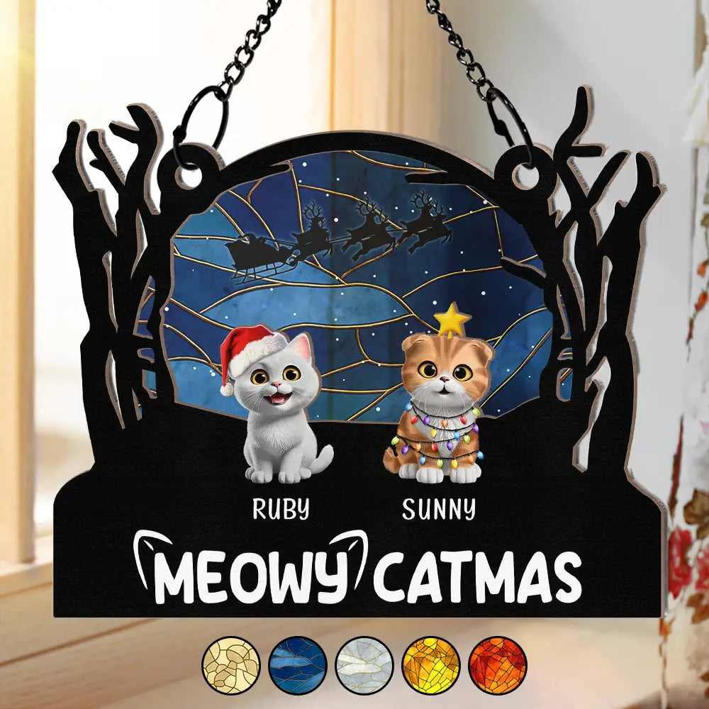 Meowy Catmas Christmas Pet Lovers - Personalized Window Hanging Suncatcher Ornament
