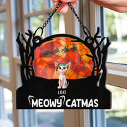 Christmas, Cat Lovers, Dog Lovers, Pet Lovers, Happy - Meowy Catmas Christmas Pet Lovers - Personalized Window Hanging Suncatcher Ornament