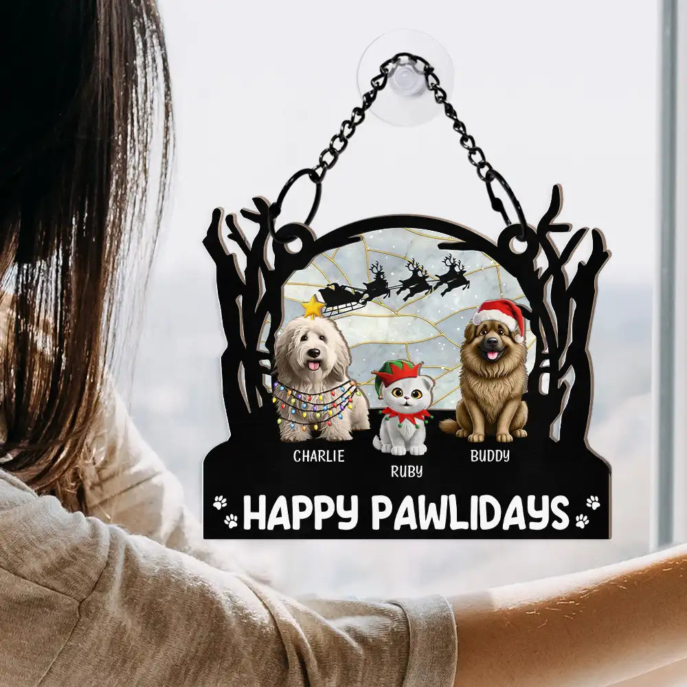 Christmas, Cat Lovers, Dog Lovers, Pet Lovers, Happy - Meowy Catmas Christmas Pet Lovers - Personalized Window Hanging Suncatcher Ornament