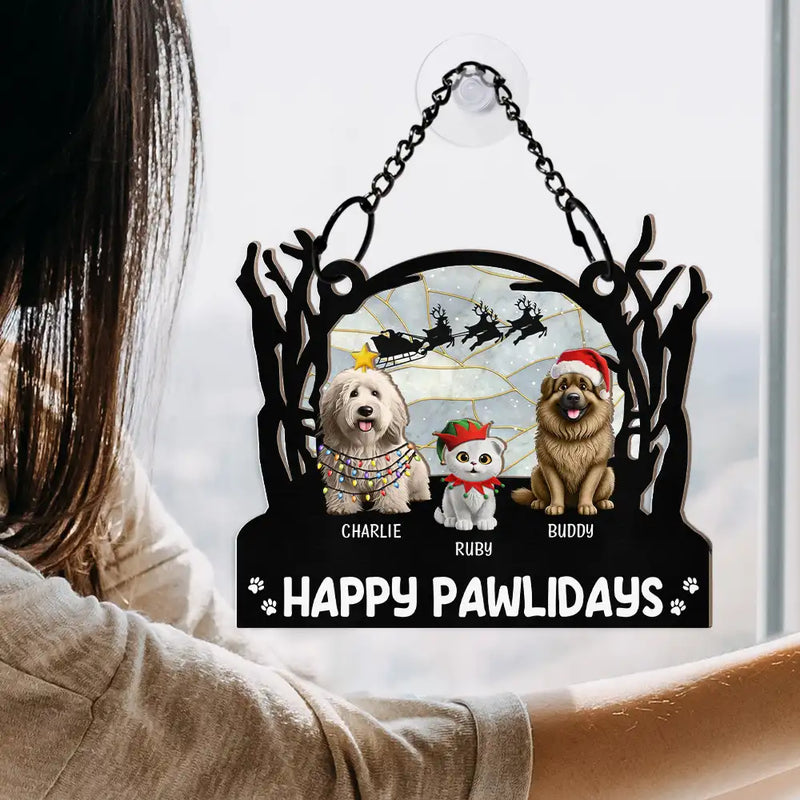 Christmas, Cat Lovers, Dog Lovers, Pet Lovers, Happy - Meowy Catmas Christmas Pet Lovers - Personalized Window Hanging Suncatcher Ornament