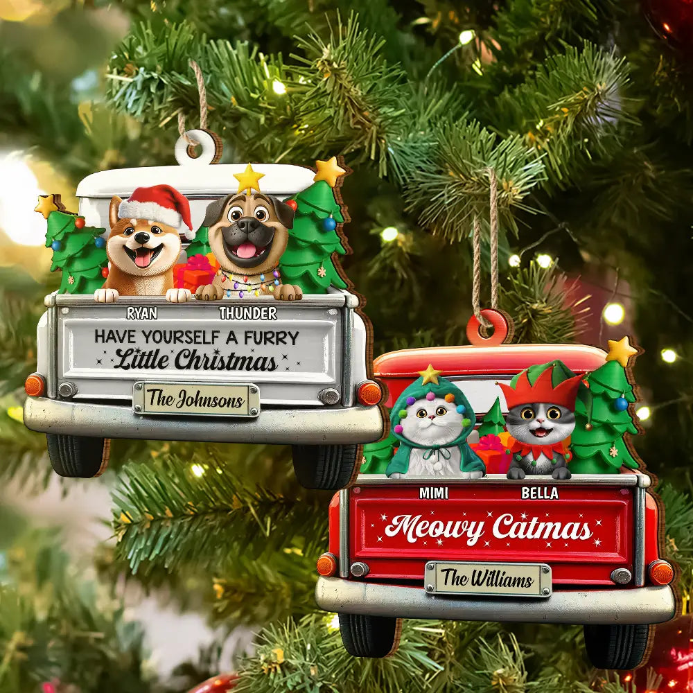 Christmas,Pet Lovers,Happy,Cat Lovers,Dog Lovers - Meowy Catmas Christmas Tree - Personalized Custom Shaped Wooden Ornament