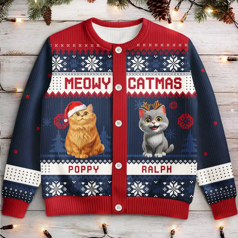 Cat Lovers,Cat Mom,Funny,Christmas - Meowy Catmas Funny 3D Effect Cats - Personalized Cardigan