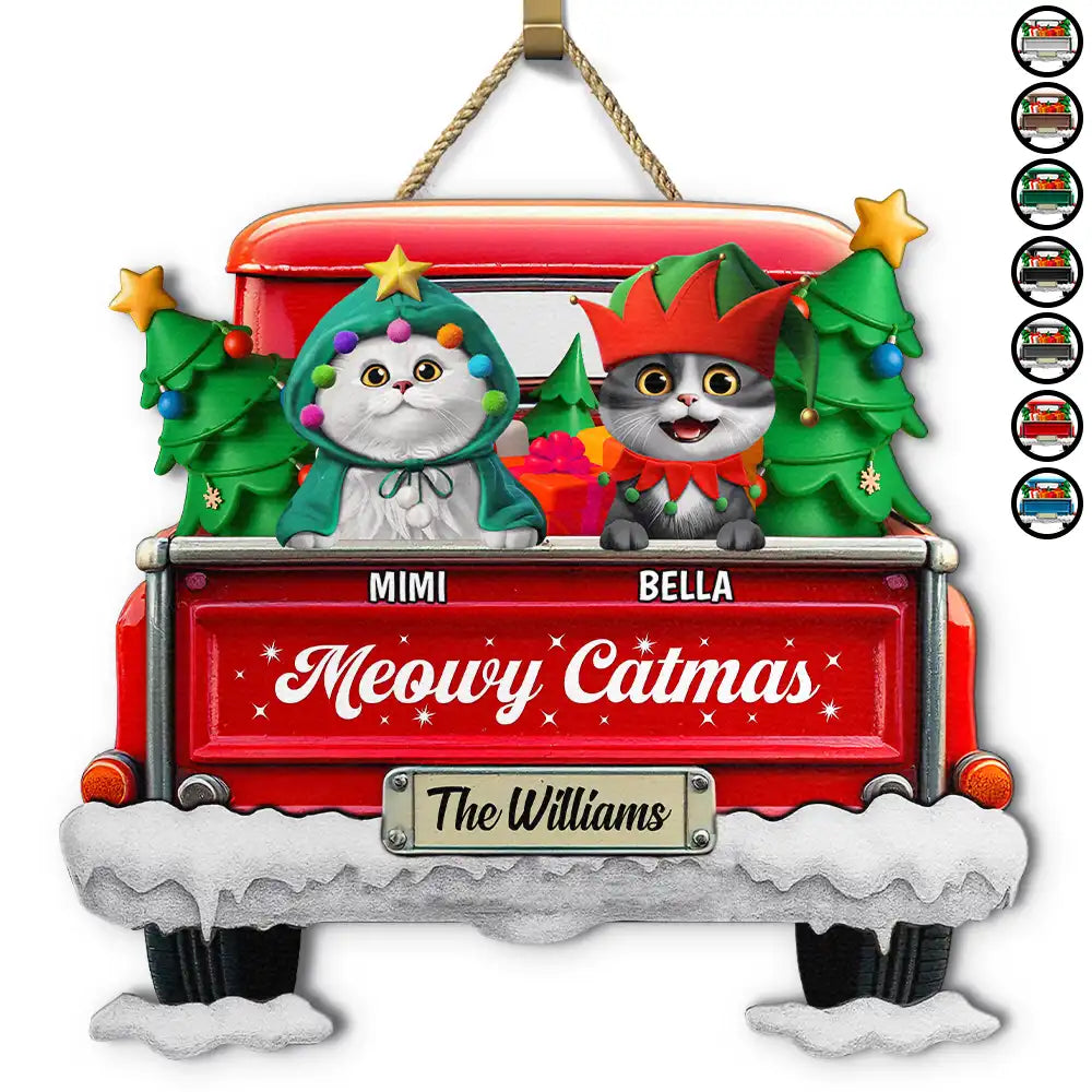 Meowy Christmas Christmas Red Truck - Personalized Custom Shaped Wood Sign