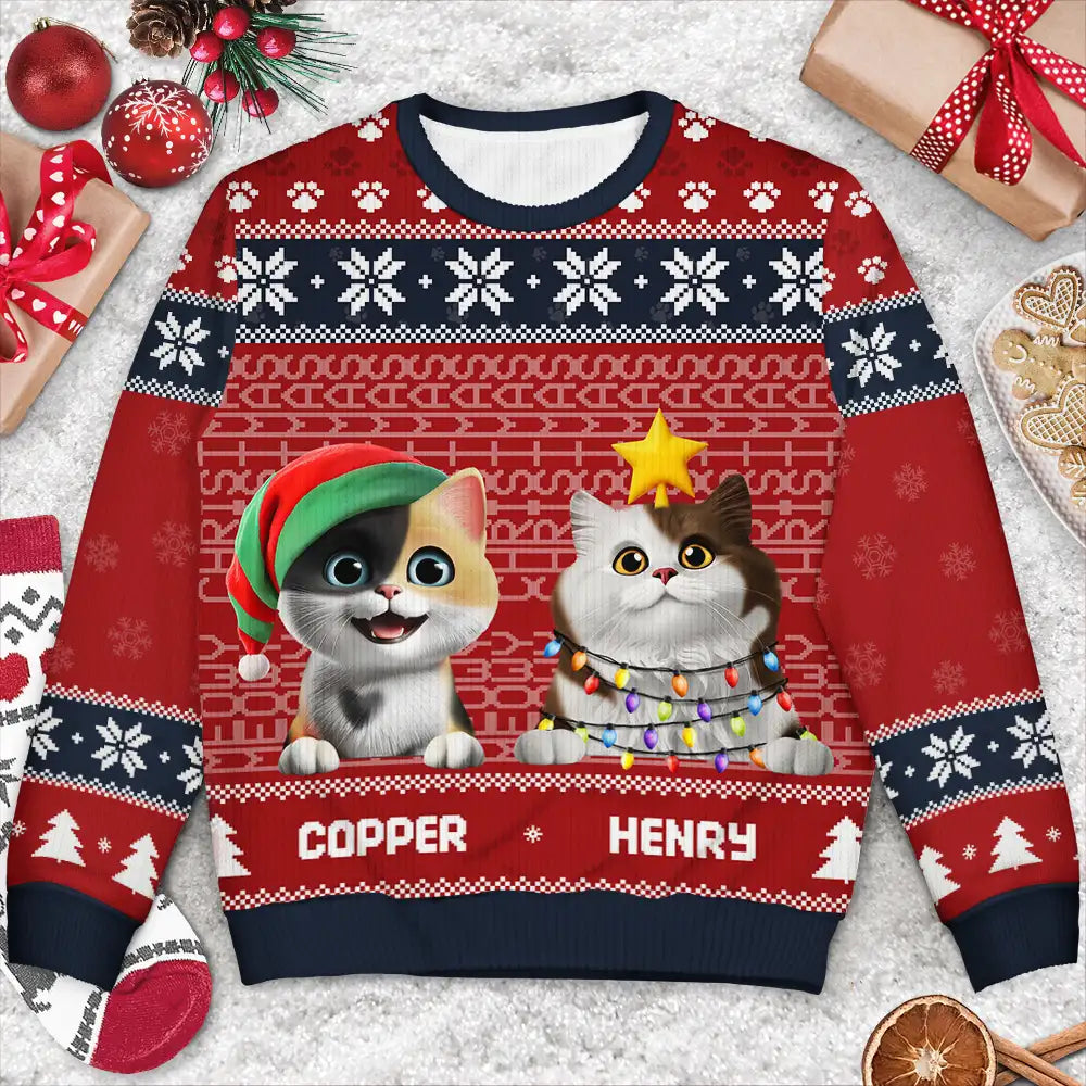 Pet Lovers, Pet Mom, Pet Dad, Cat Lovers, Cat Mom, Cat Dad, Happy, Christmas - Meowy Christmas Hidden Message - Personalized Unisex Ugly Sweater