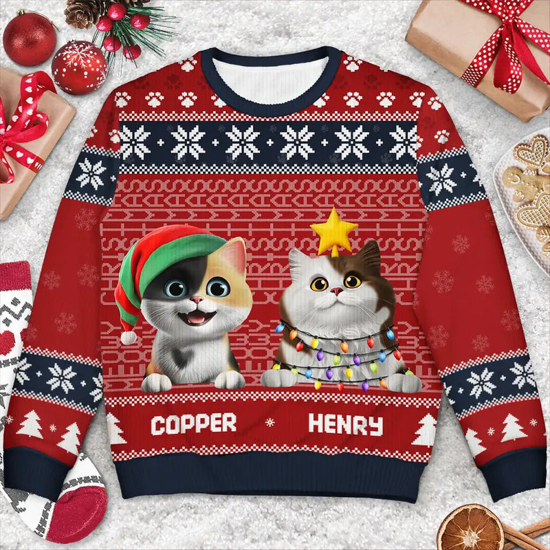 Pet Lovers, Pet Mom, Pet Dad, Cat Lovers, Cat Mom, Cat Dad, Happy, Christmas - Meowy Christmas Hidden Message - Personalized Unisex Ugly Sweater