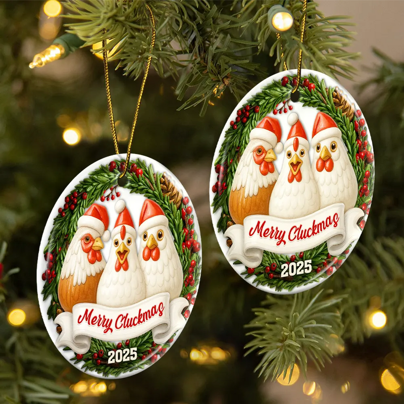 Farm,Gift For Yourself,Gift For Women,Gift For Men,Happy,Christmas - Merry Cluckin' Christmas 3D Effect - Personalized Circle Ceramic Ornament