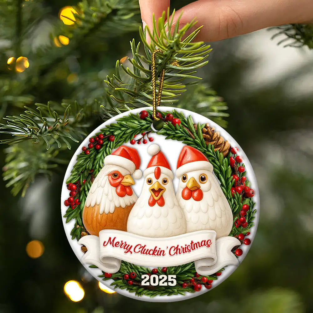 Farm,Gift For Yourself,Gift For Women,Gift For Men,Happy,Christmas - Merry Cluckin' Christmas 3D Effect - Personalized Circle Ceramic Ornament
