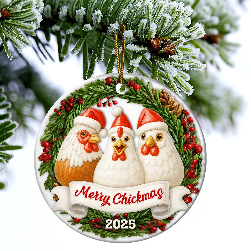 Farm,Gift For Yourself,Gift For Women,Gift For Men,Happy,Christmas - Merry Cluckin' Christmas 3D Effect - Personalized Circle Ceramic Ornament