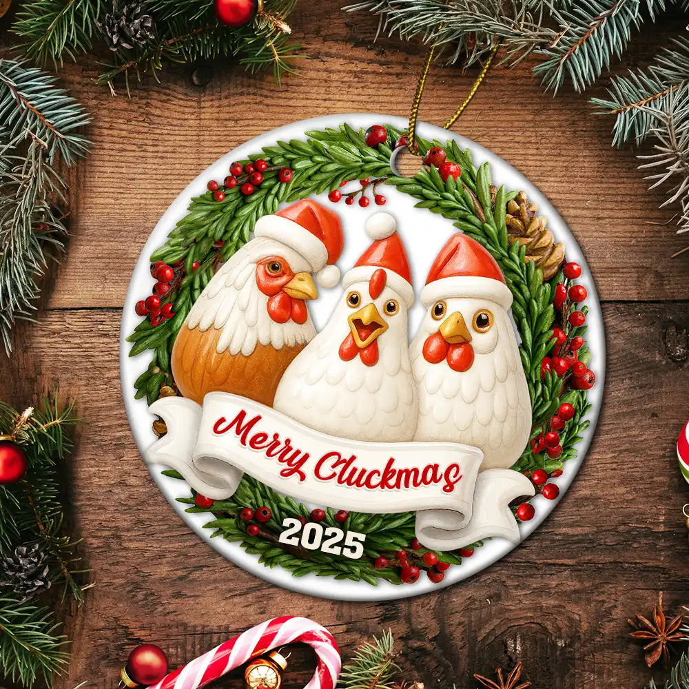 Farm,Gift For Yourself,Gift For Women,Gift For Men,Happy,Christmas - Merry Cluckin' Christmas 3D Effect - Personalized Circle Ceramic Ornament