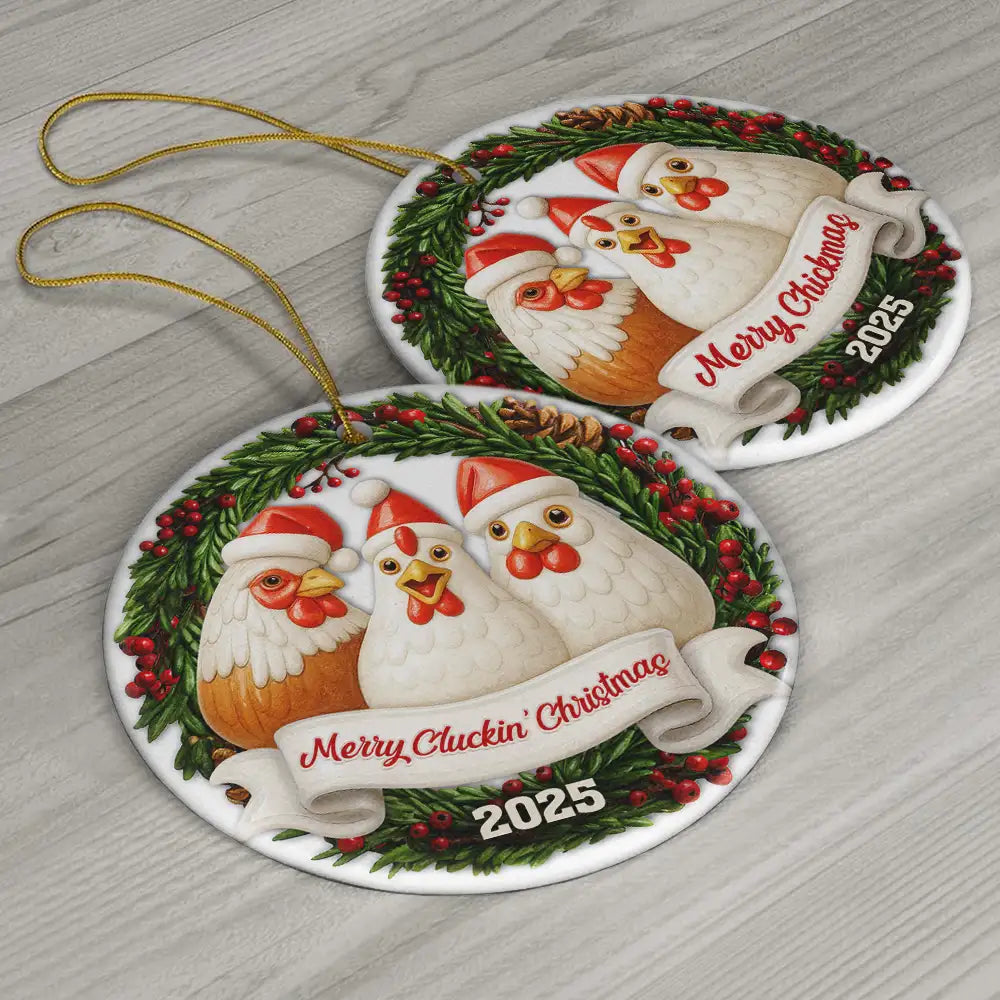 Farm,Gift For Yourself,Gift For Women,Gift For Men,Happy,Christmas - Merry Cluckin' Christmas 3D Effect - Personalized Circle Ceramic Ornament