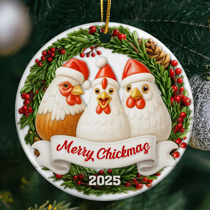 Farm,Gift For Yourself,Gift For Women,Gift For Men,Happy,Christmas - Merry Cluckin' Christmas 3D Effect - Personalized Circle Ceramic Ornament