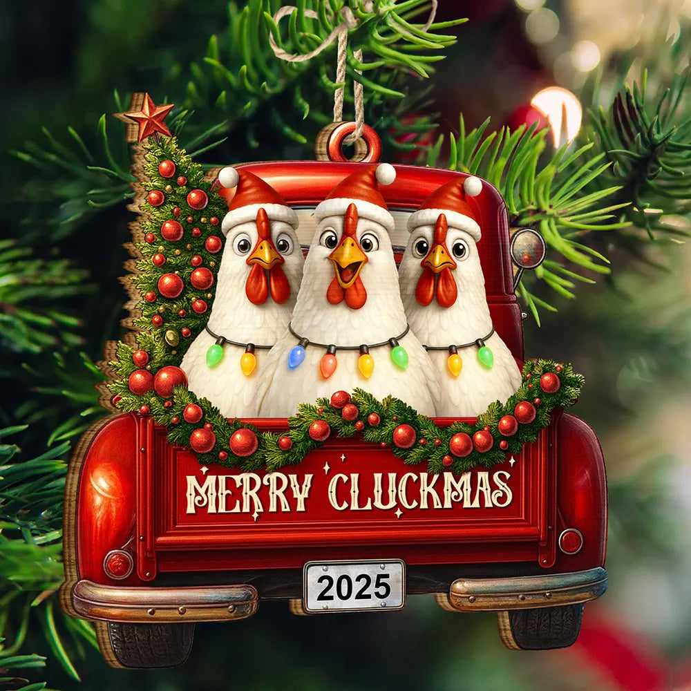 Farm, Gift For Yourself, Gift For Women, Gift For Men, Happy, Christmas - Merry Cluckmas Red Truck - Personalized Custom Shaped Wooden Ornament