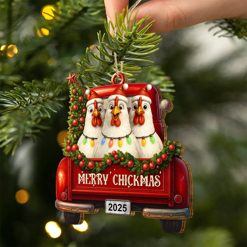 Farm, Gift For Yourself, Gift For Women, Gift For Men, Happy, Christmas - Merry Cluckmas Red Truck - Personalized Custom Shaped Wooden Ornament