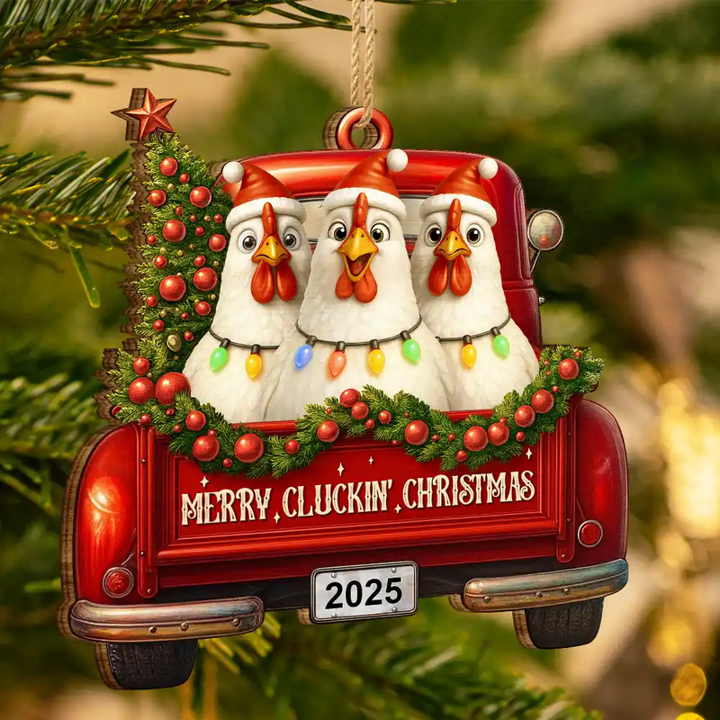 Farm, Gift For Yourself, Gift For Women, Gift For Men, Happy, Christmas - Merry Cluckmas Red Truck - Personalized Custom Shaped Wooden Ornament