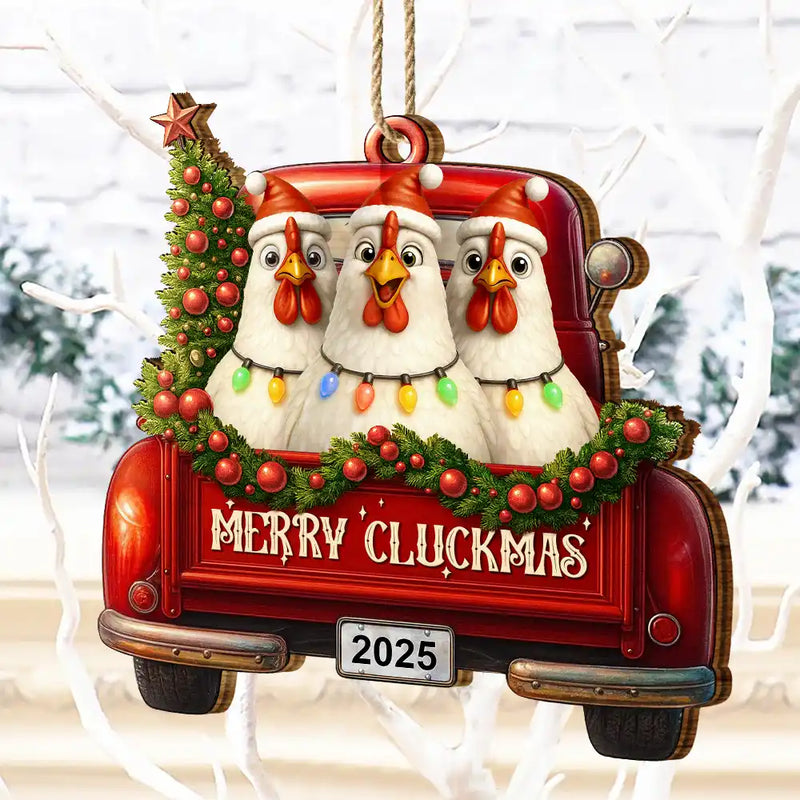 Farm, Gift For Yourself, Gift For Women, Gift For Men, Happy, Christmas - Merry Cluckmas Red Truck - Personalized Custom Shaped Wooden Ornament