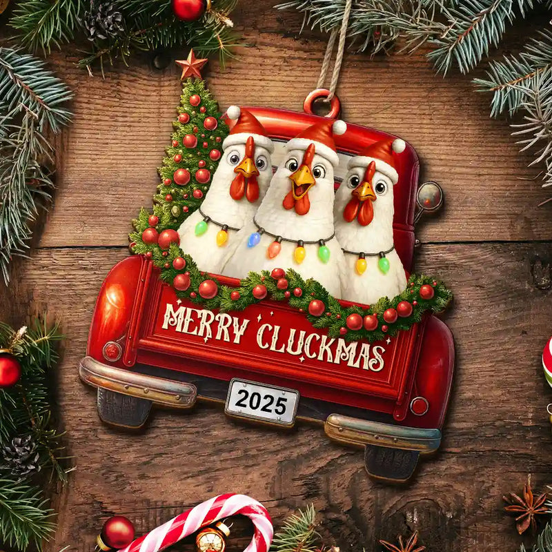 Farm, Gift For Yourself, Gift For Women, Gift For Men, Happy, Christmas - Merry Cluckmas Red Truck - Personalized Custom Shaped Wooden Ornament