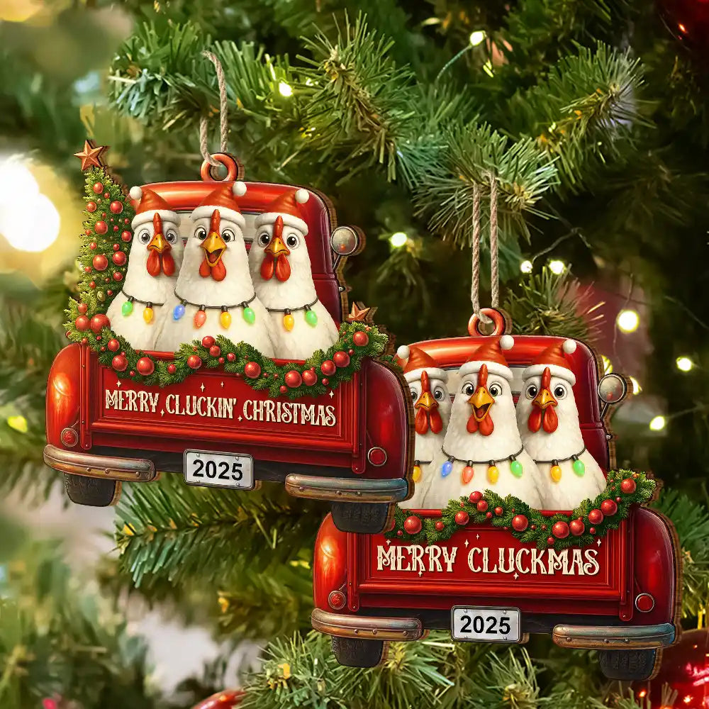 Farm, Gift For Yourself, Gift For Women, Gift For Men, Happy, Christmas - Merry Cluckmas Red Truck - Personalized Custom Shaped Wooden Ornament