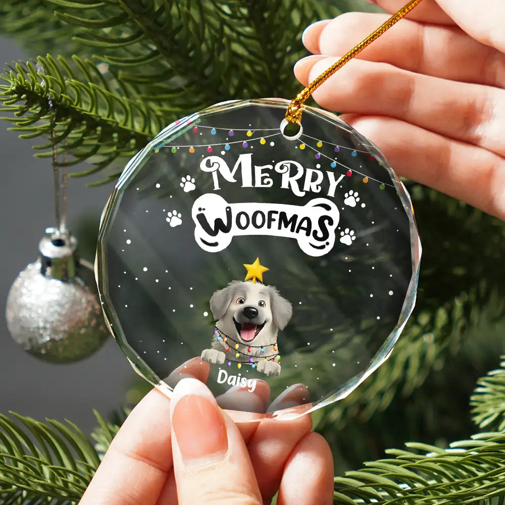Dog Lovers,Dog Mom,Dog Dad,Happy,Christmas - Merry Woofmas - Personalized Circle Glass Ornament