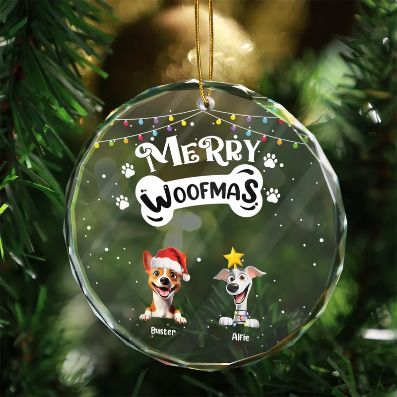 Dog Lovers,Dog Mom,Dog Dad,Happy,Christmas - Merry Woofmas - Personalized Circle Glass Ornament