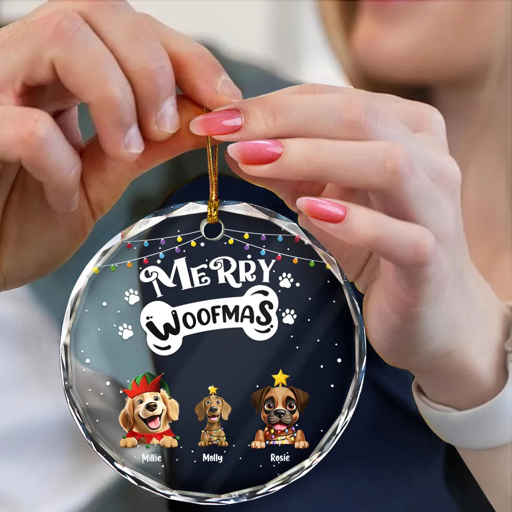 Dog Lovers,Dog Mom,Dog Dad,Happy,Christmas - Merry Woofmas - Personalized Circle Glass Ornament