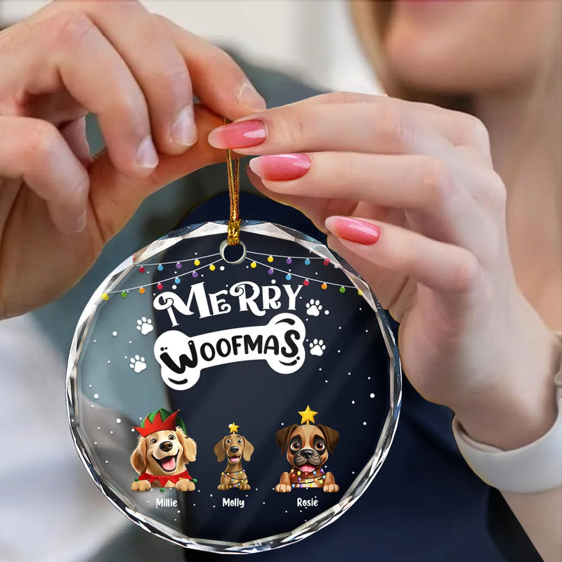 Dog Lovers,Dog Mom,Dog Dad,Happy,Christmas - Merry Woofmas - Personalized Circle Glass Ornament