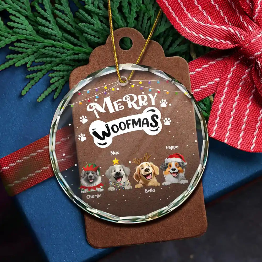 Dog Lovers,Dog Mom,Dog Dad,Happy,Christmas - Merry Woofmas - Personalized Circle Glass Ornament