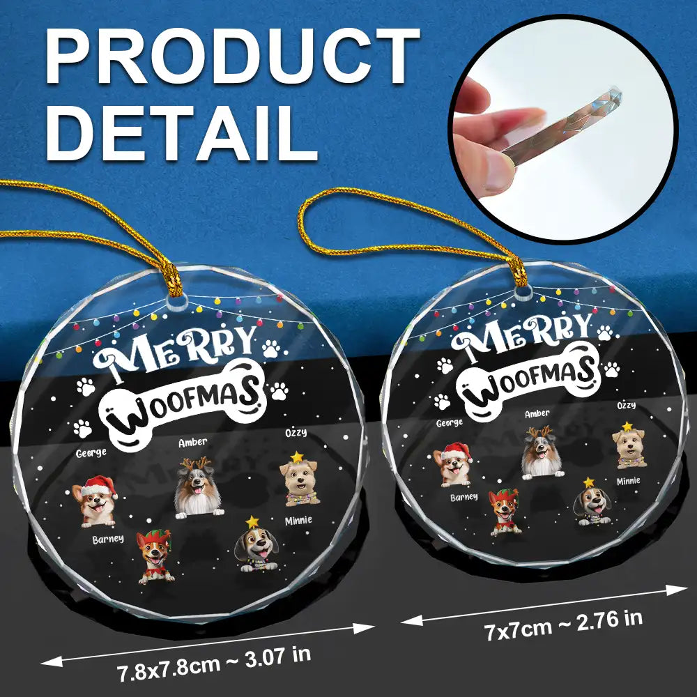 Dog Lovers,Dog Mom,Dog Dad,Happy,Christmas - Merry Woofmas - Personalized Circle Glass Ornament