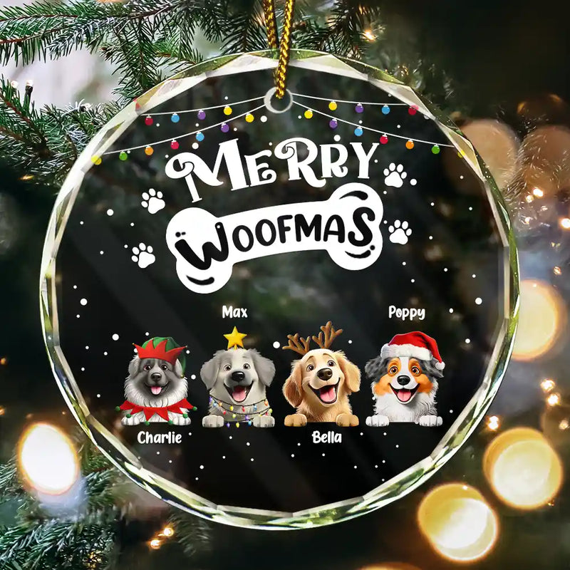 Dog Lovers,Dog Mom,Dog Dad,Happy,Christmas - Merry Woofmas - Personalized Circle Glass Ornament
