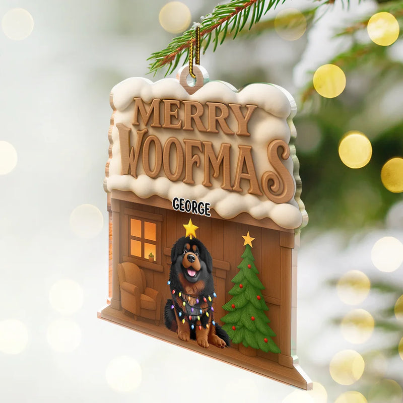 Happy,Christmas,Pet Lovers - Merry Woofmas 3D Effect - Personalized Custom Shaped Acrylic Ornament