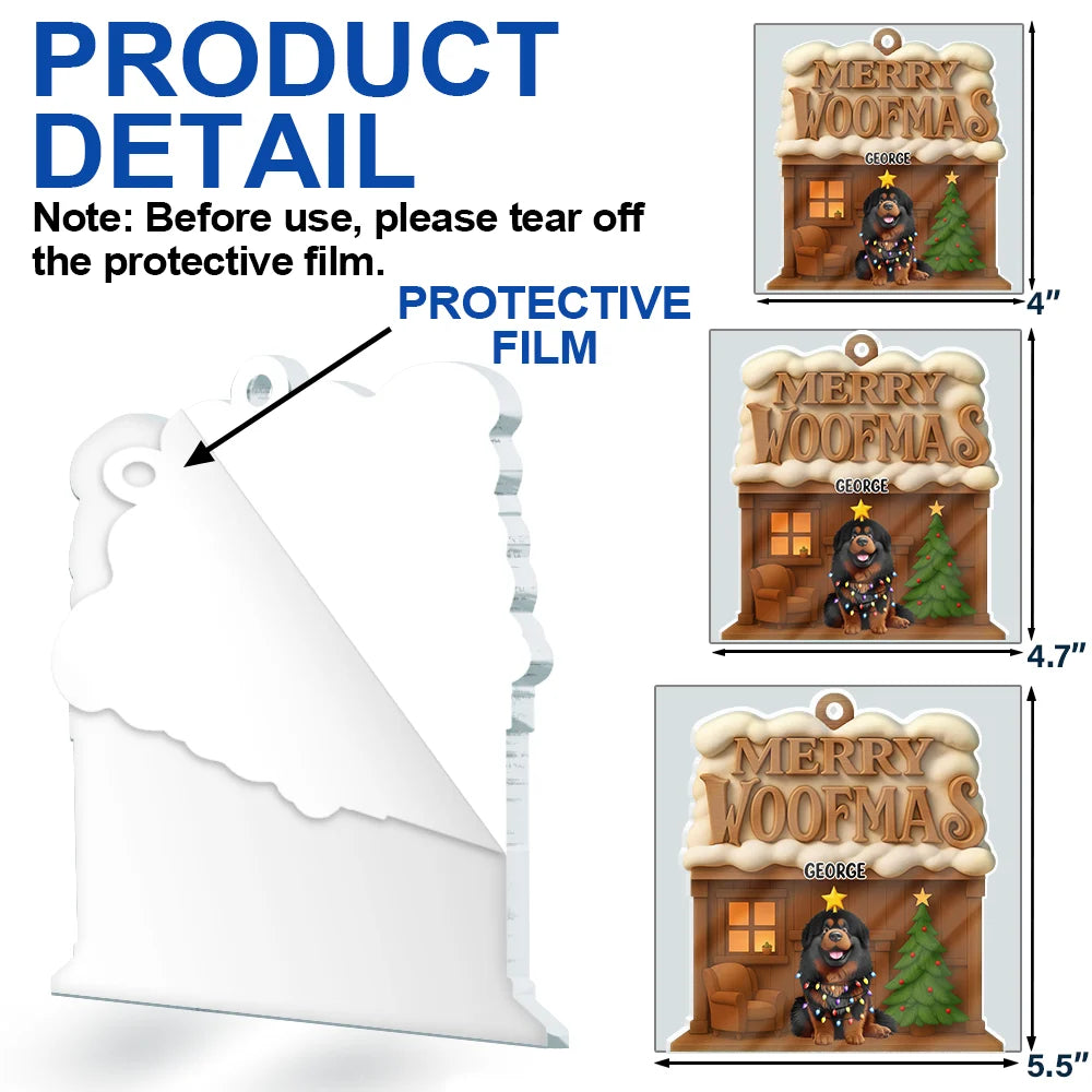 Happy,Christmas,Pet Lovers - Merry Woofmas 3D Effect - Personalized Custom Shaped Acrylic Ornament