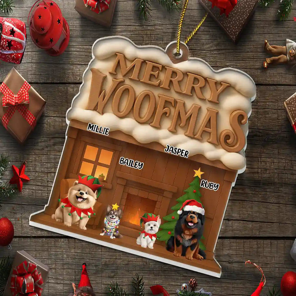 Happy,Christmas,Pet Lovers - Merry Woofmas 3D Effect - Personalized Custom Shaped Acrylic Ornament
