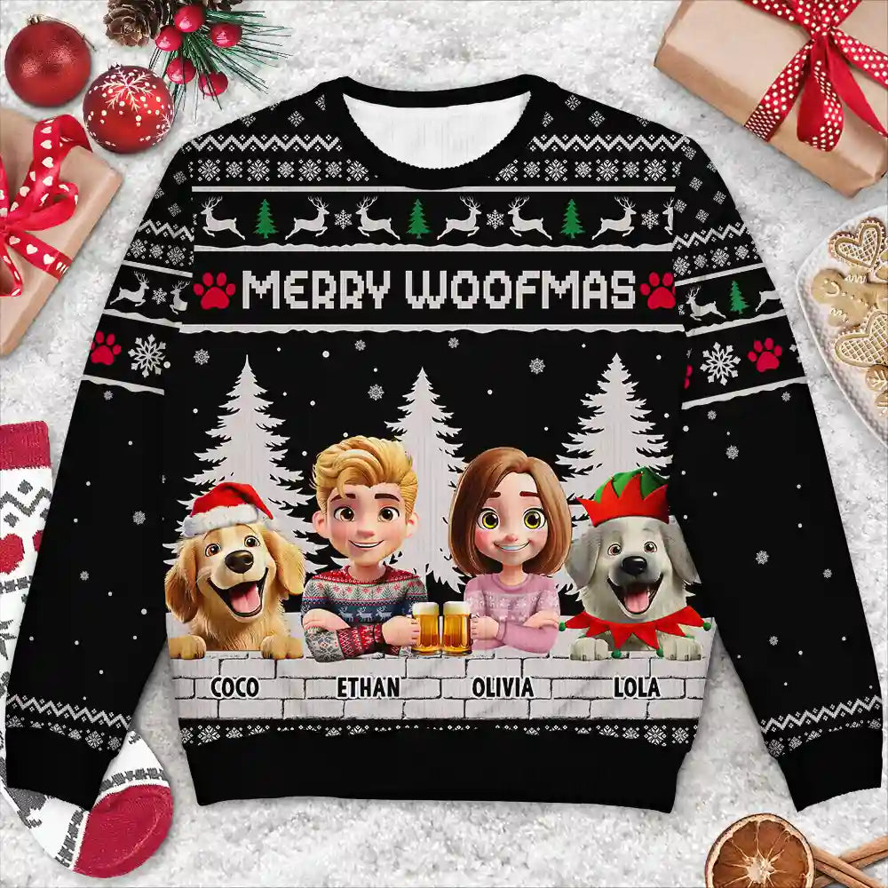 Dog Lovers,Dog Couple,Dog Mom,Dog Dad,Christmas,Top Market,Happy - Merry Woofmas Couple Dog Mom Dad - Personalized Unisex Ugly Sweater