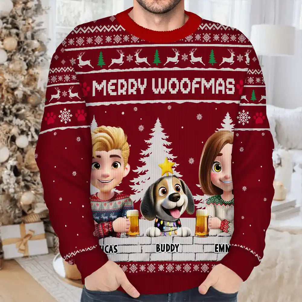 Dog Lovers,Dog Couple,Dog Mom,Dog Dad,Christmas,Top Market,Happy - Merry Woofmas Couple Dog Mom Dad - Personalized Unisex Ugly Sweater
